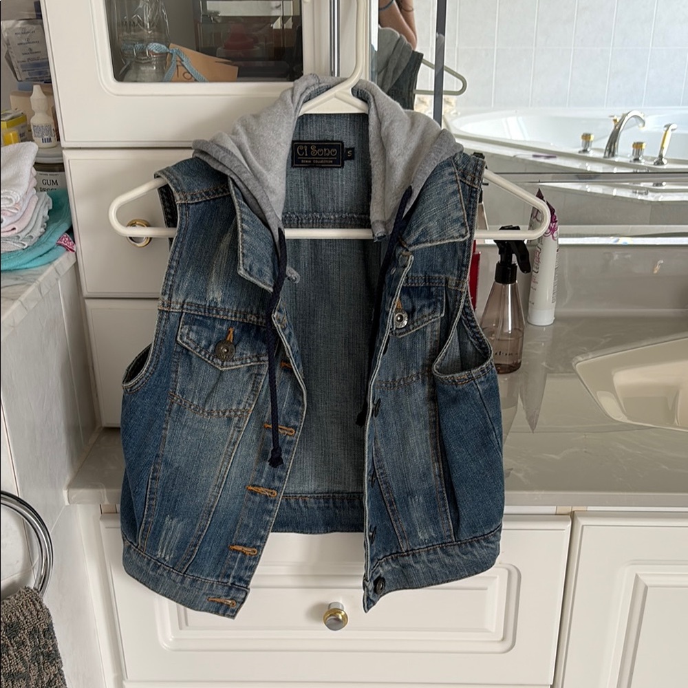 Ci Sono Blue Denim Vest with Gray Hood